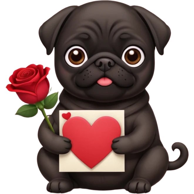 black pug holding valentine’s day card and flowers emoji