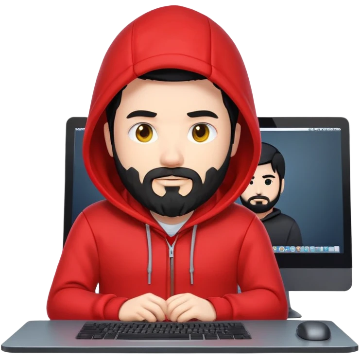 Emoji-style male coder with black hair, beard, white skin, wearing a red hoodie (hood down), coding at a plain desktop monitor. No logos. In clean, modern 3D emoji style like Apple Memoji. emoji