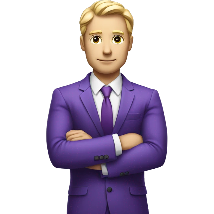 Business man in purple suit multimillionare, crossed arms, white skin emoji