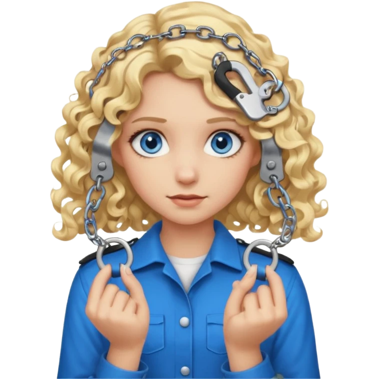 A girl with blond hair that curls at the end shoulder length and blue eyes who is breaking handcuffs emoji