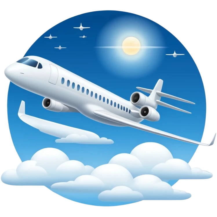 A sleek commercial airplane with long wings and shining white fuselage gliding smoothly through the sky. emoji