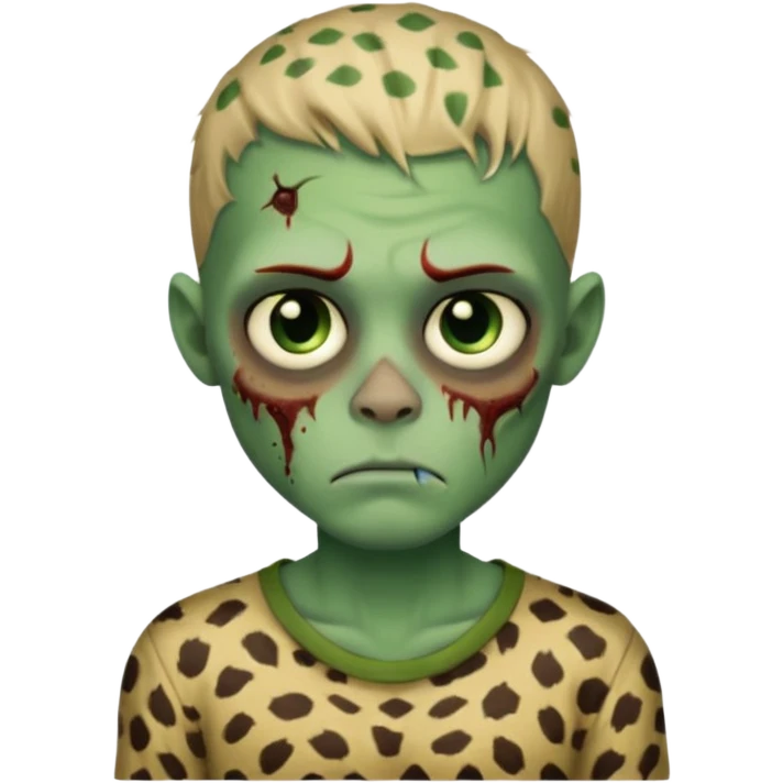 Zombie boy with green skin and sleepy eyes and scars on his face and a shirt that has cheetah texture emoji