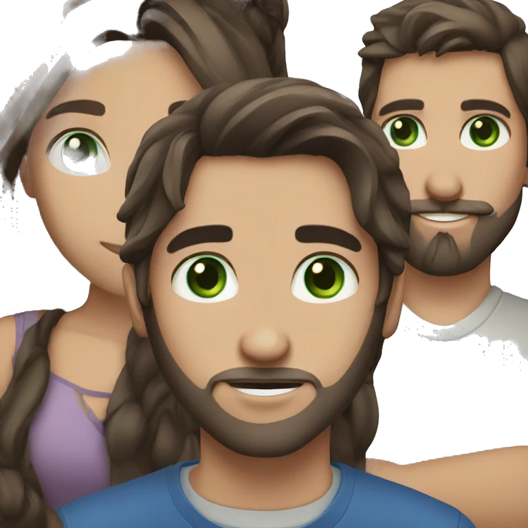 brunette girl long hair with green eyes and blue eyed boy with dark hair and beard  emoji