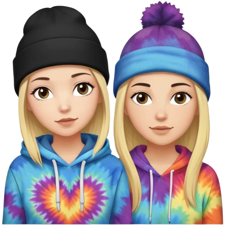 short haired white woman with brunette hair and a black beanie in love with a long haired blonde white woman with a black beanie on and tiedye hoodie emoji