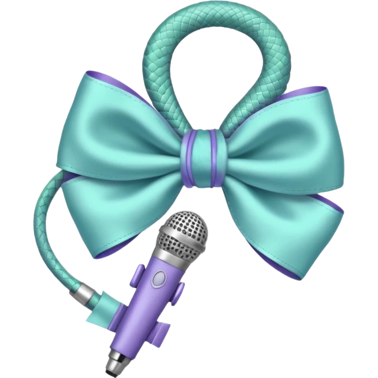 A pastel blue bow with a pastel a pastel green snake at the top of one side and a pastel purple microphone on the bottom of the other side of the bow emoji