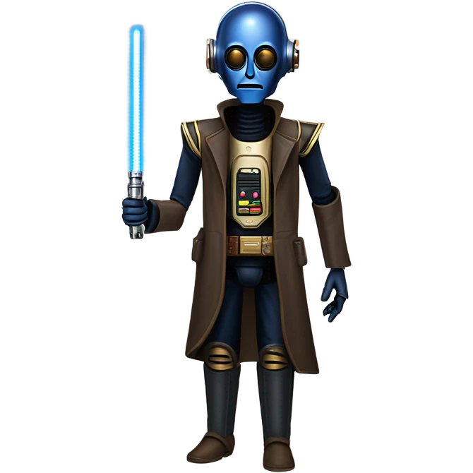 well-equipped jedi first order human-sized darkblue-pearl C3po as a friendly bounty hunter droid wearing a leather attire old west duster coat holding light saber ready  emoji