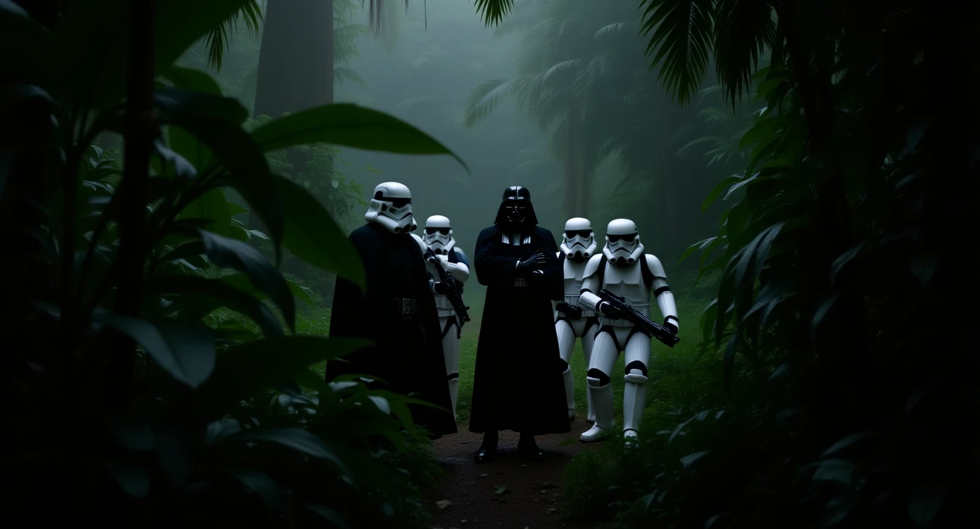 cinematic still, Closeup shot, amazon jungle,  blurred plants in the foreground (frame within a frame), Darth Vader around stormtroopers coming out from starship on ground, they are exploring the jungle emoji