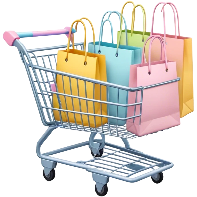 Four pastel colored shopping bags sitting in a shopping cart emoji