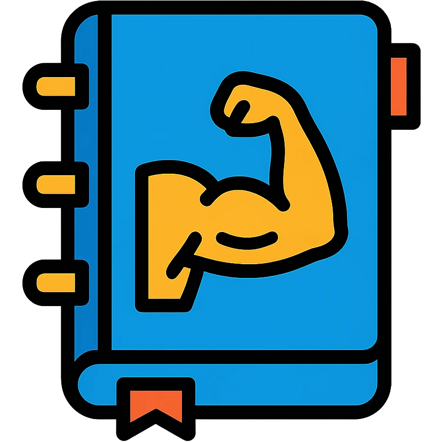 blue workout logbook with flexing arm icon, energetic sporty look emoji