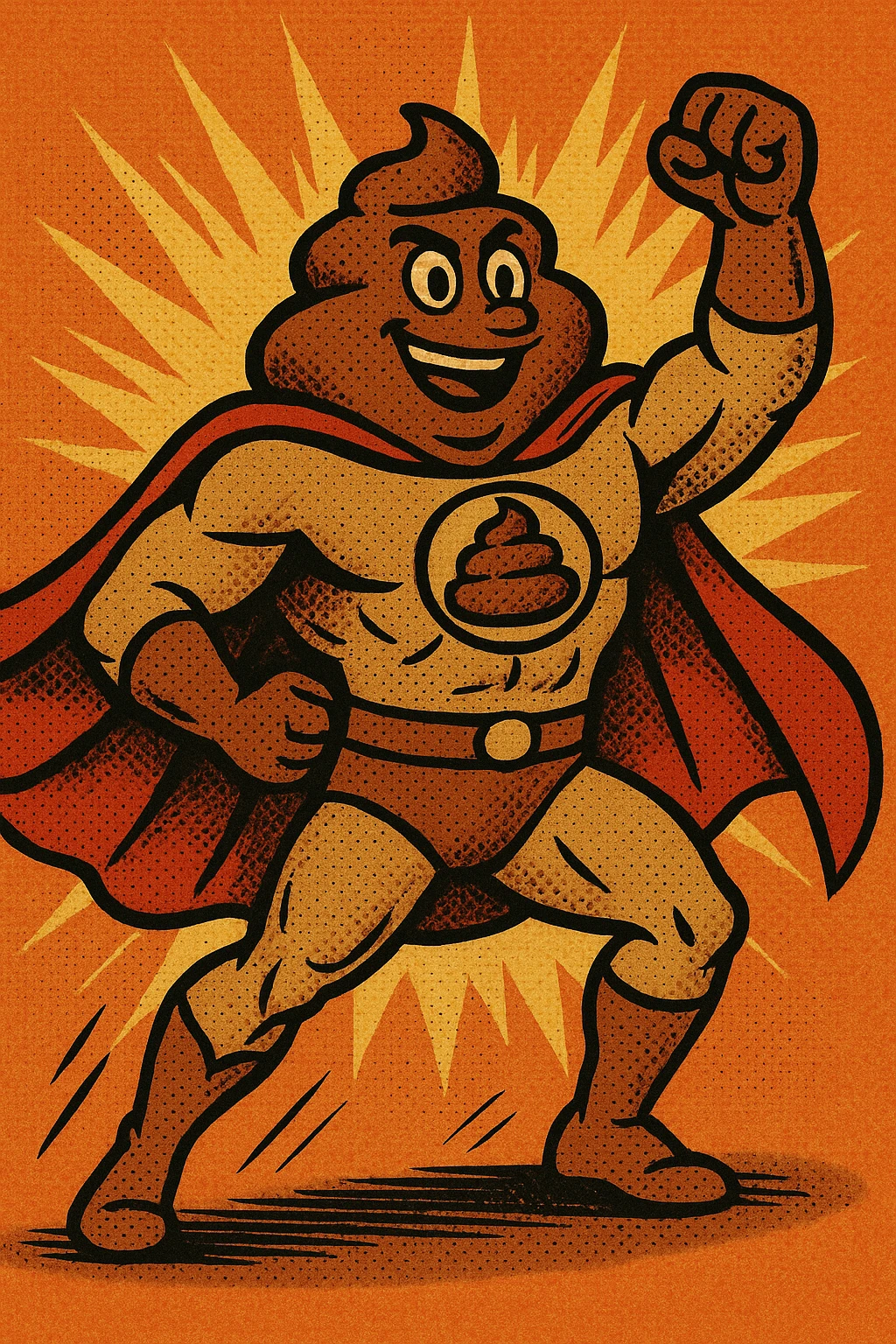 poop man superhero, heroic pose, cartoon style, bold comic illustration emoji