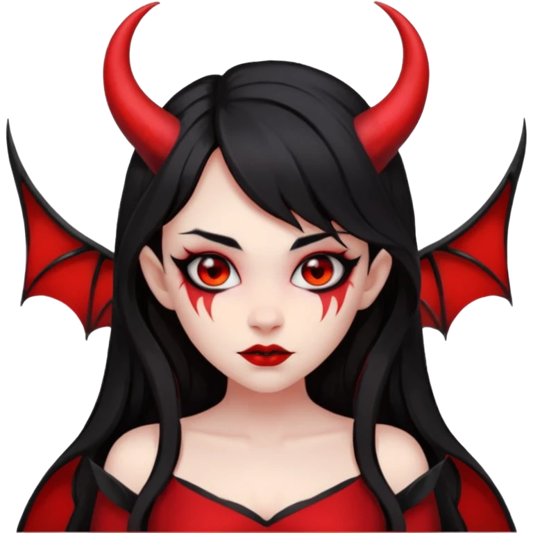 demon girl, skin red , black long hair, small horns, bat wing, black open-back dress, bold black outlines, red+black palette emoji
