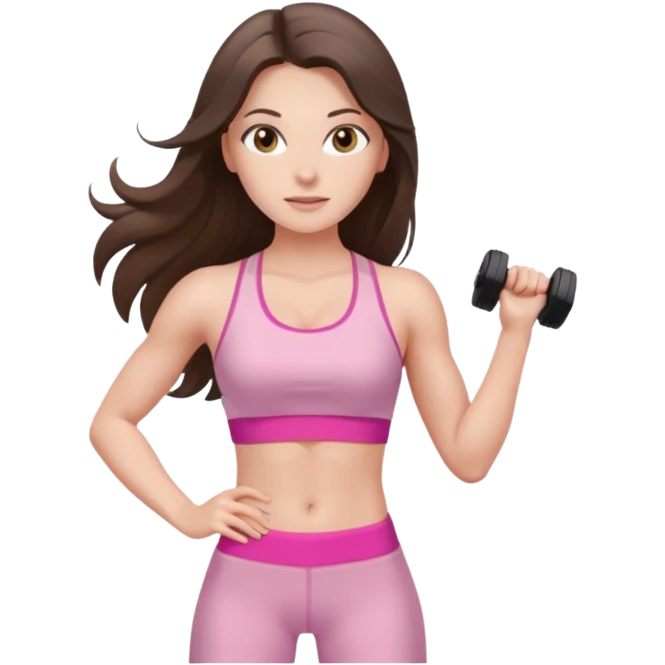 white brunette girl long hair with hazel eyes in light pink workout with abs emoji