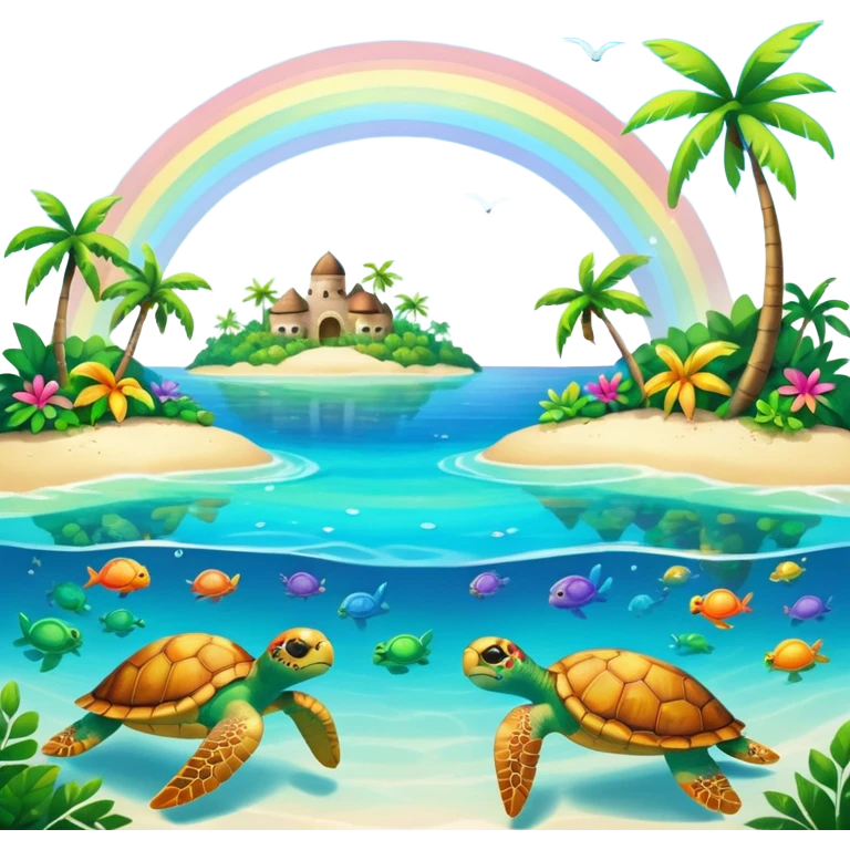 Rainbow on a paradise island with turtles  emoji