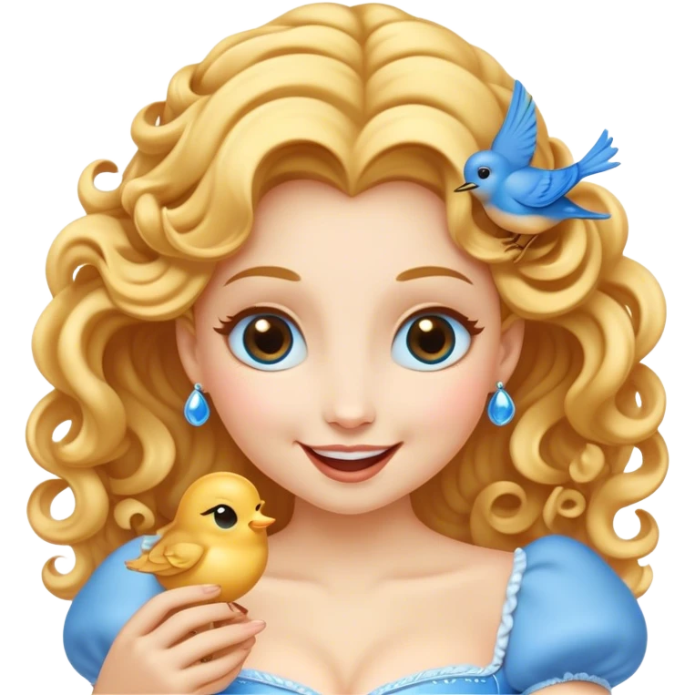 Cinematic Adorable Cinderella Portrait Emoji, Giggling softly while holding a tiny bluebird, golden curls bouncing, eyes sparkling with joy, wrapped in a soft golden glow, exuding warmth and charm, an irresistible blend of beauty and playfulness! emoji