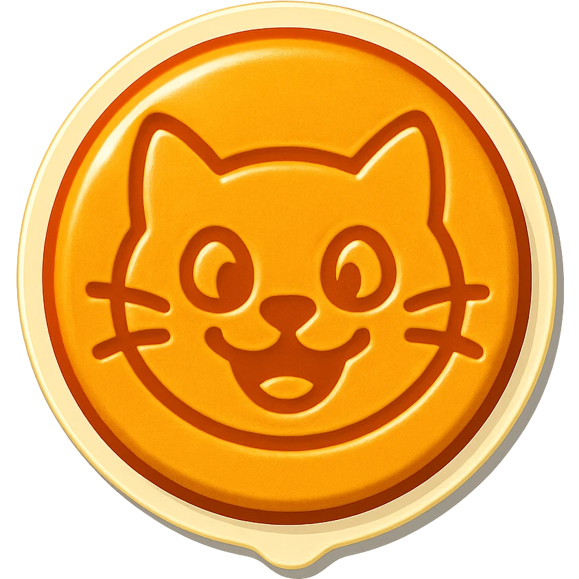 retro sticker style icon of a dalgona candy with a playful and bold cat face pressed in the center emoji