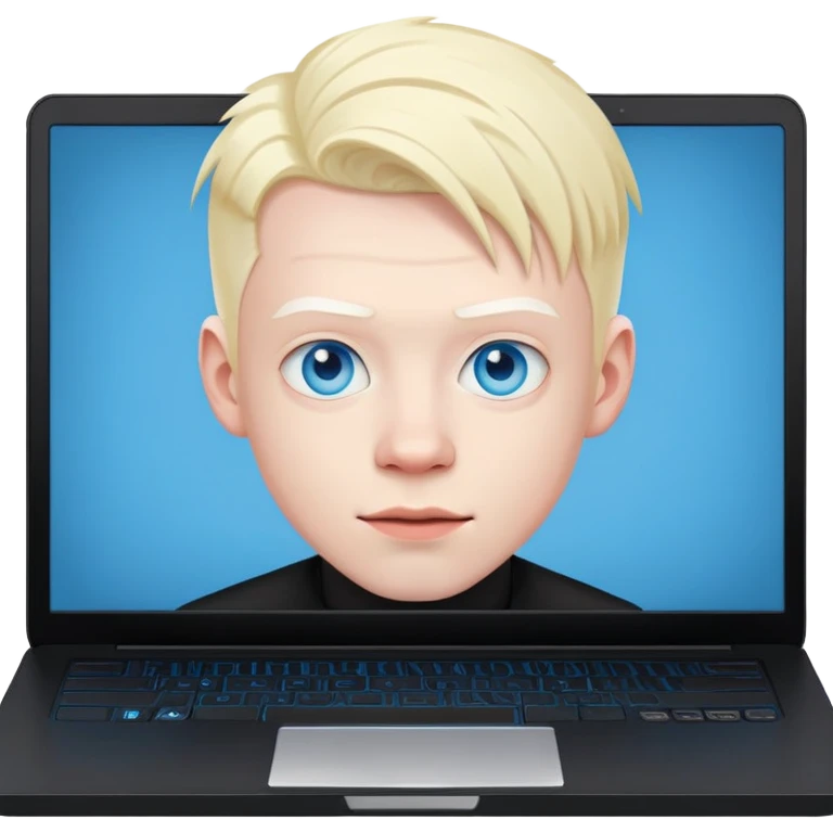 albino youtuber on black gaming laptop with desk with blue eyes emoji