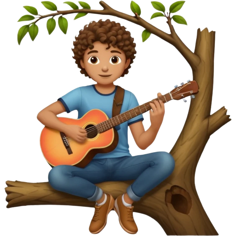 a young curly haired dude,sitting on a tree branch playing guitar holding a peach emoji