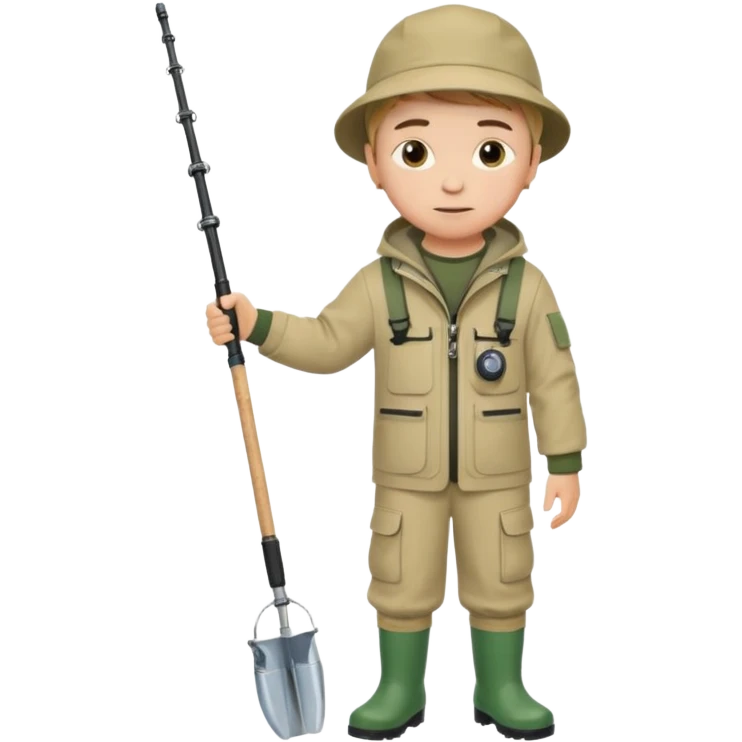 Boy in fishing suit looking at his wristwatch emoji