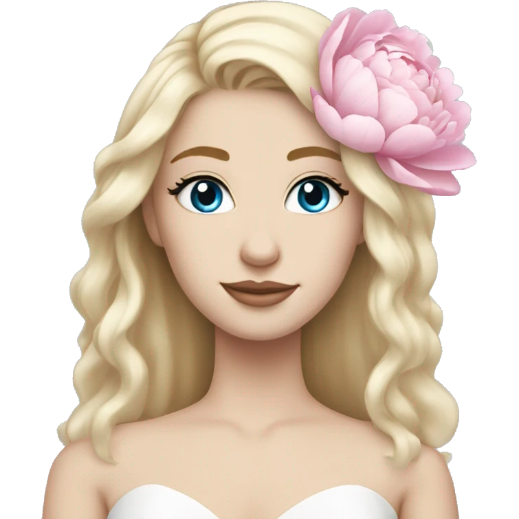 White bride with long light blonde hair and blue eyes with light pink peonies in hair white skin  emoji