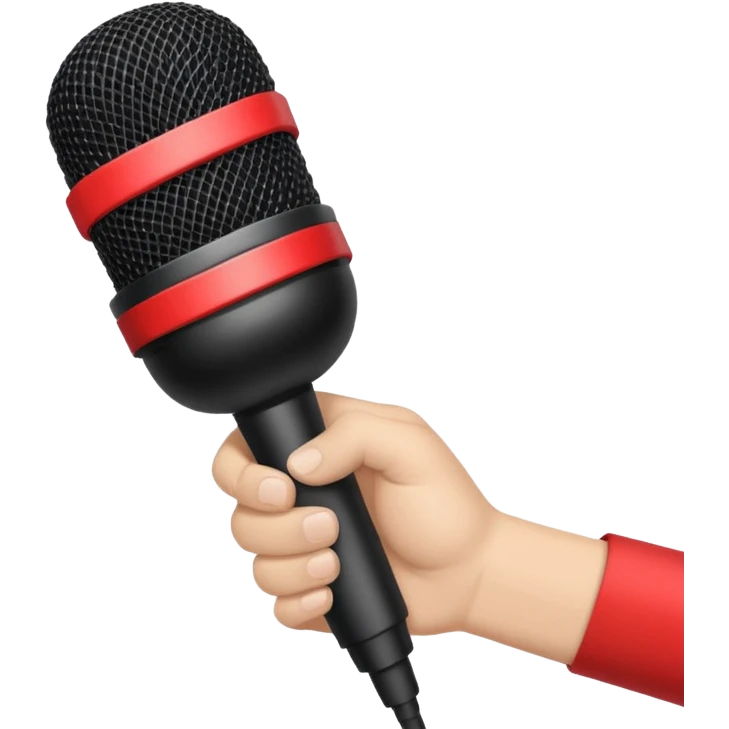 hand holding black stage microphone with red strip on bottom emoji