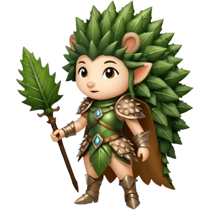 moss witch woman dressed as hedgehog guardian, thorny leaf armor emoji