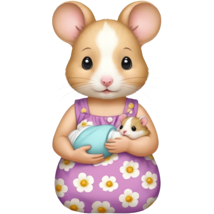 Mama white pretty hamster girl wearing floral dress holding a baby hamster wearing nappy and dummy emoji