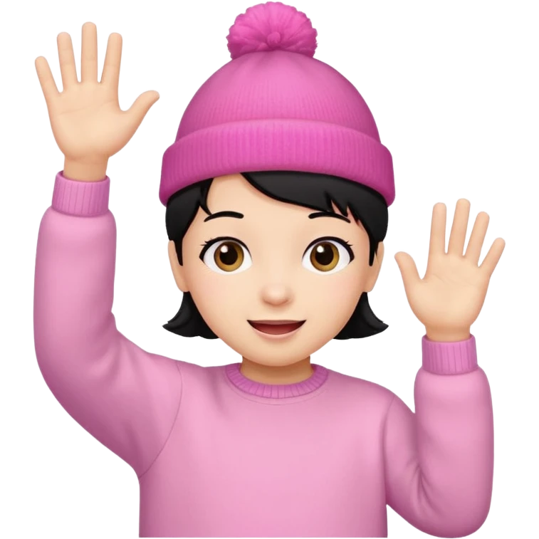 Kid in pink hat and jumper waving, blakc hair emoji