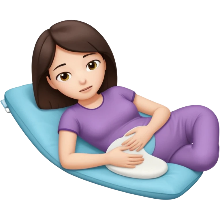  a brunette girl lying down on her side, holding a warm heating pad against her lower belly. She's uncomfortable and sad, her posture should show she’s having menstrual cramps. Use simple lines, rounded shapes, soft colors, and a clean emoji aesthetic. Make it expressive but still adorable emoji