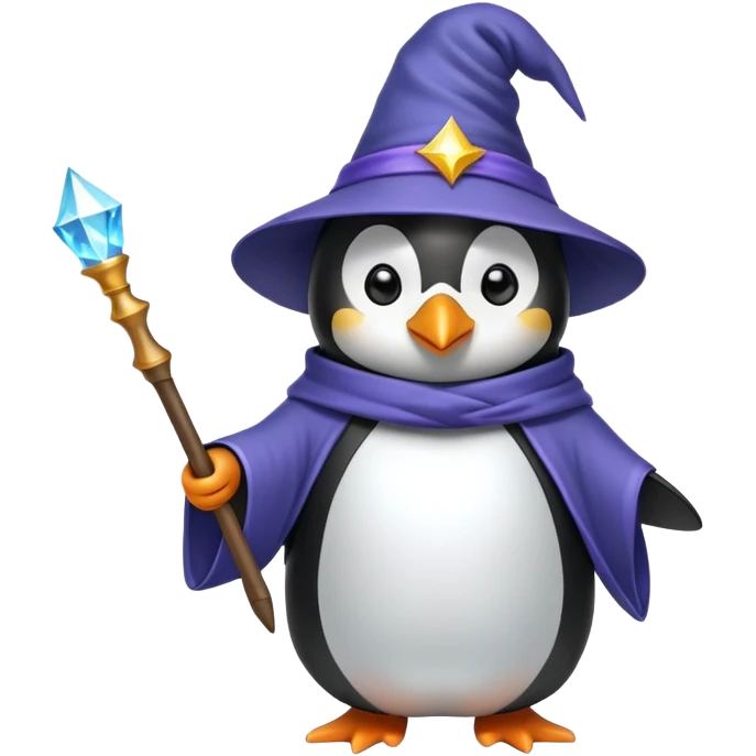 Penguin wearing wizard hat and robe holding a magic wand emoji
