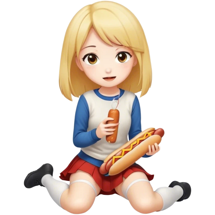 Cute anime girl in thigh-high stockings, kneeling on the floor while eating a hot dog. Playful and charming expression, casual outfit, soft shading, warm and inviting atmosphere. emoji