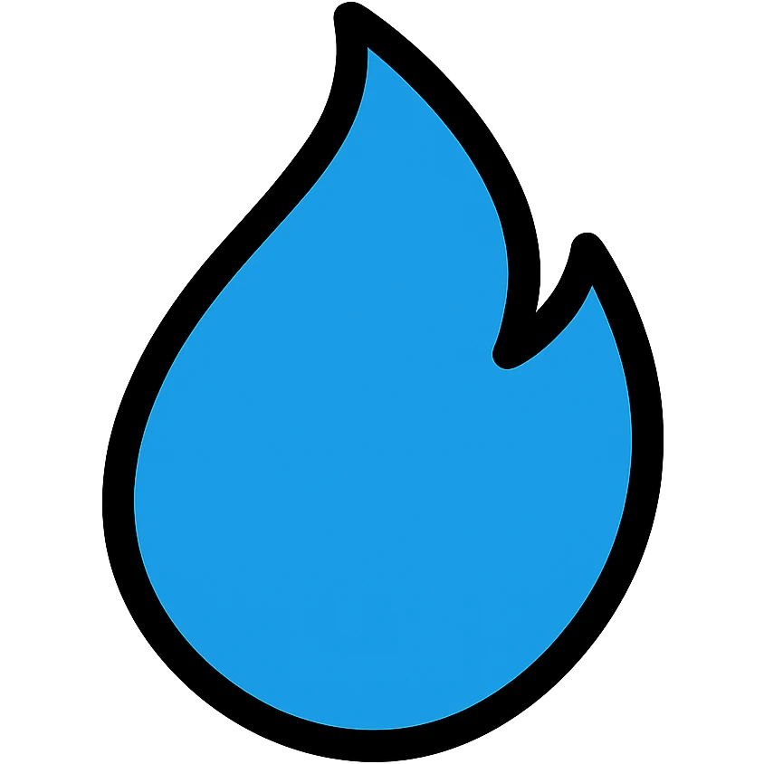 blue abstract flame shape, bold black outline, geometric style emoji