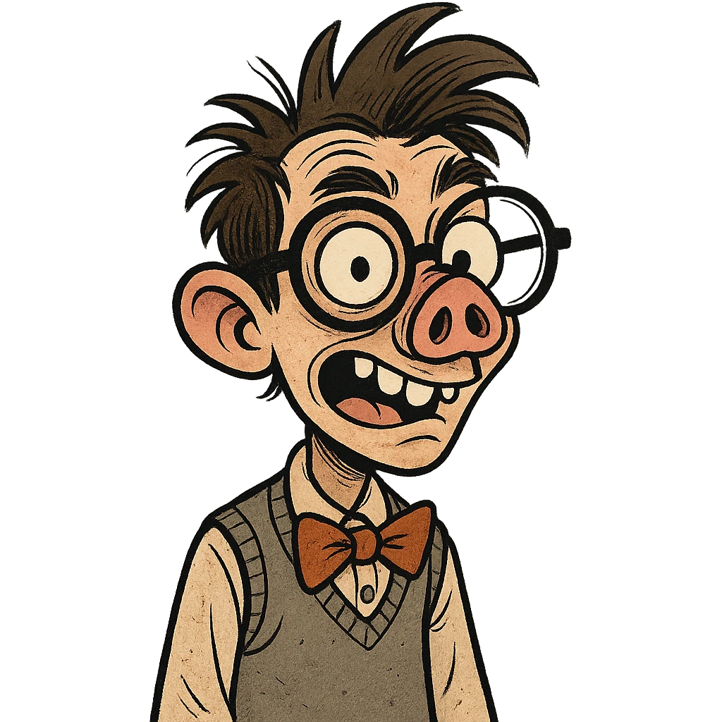 a quirky and expressive nerd character with glasses and the nose of a pig emoji