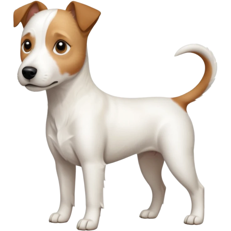 a full body slightly chubby white parson russell terrier looking dog the size of a kelpie with light brown long ears and a light brown patch on one eye and a large snout. the rest of the dog is completely white emoji