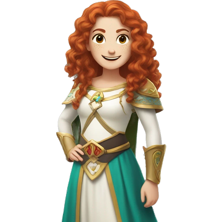 a white girl with long red curly hair and freckles, cosplaying Princess Zelda posing and smiling emoji