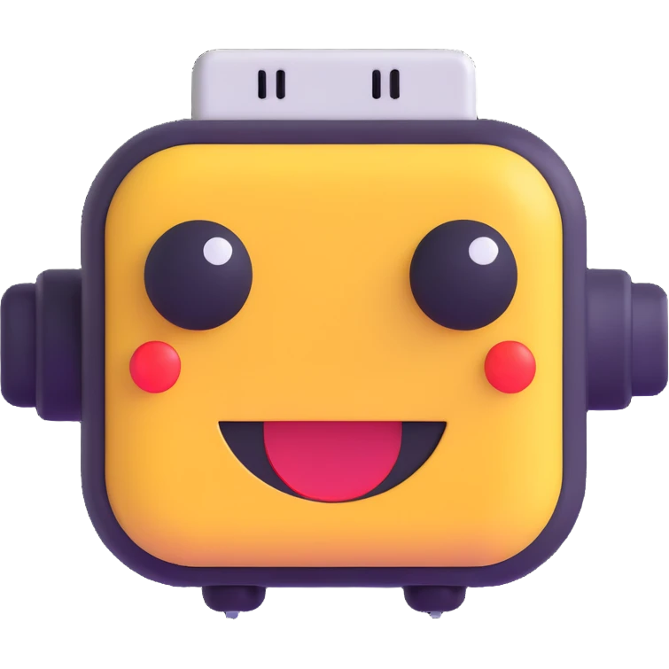 8-bit smiling chatbot head — reminiscent of old RPG characters, with blinking eyes and simple animated mouth. emoji
