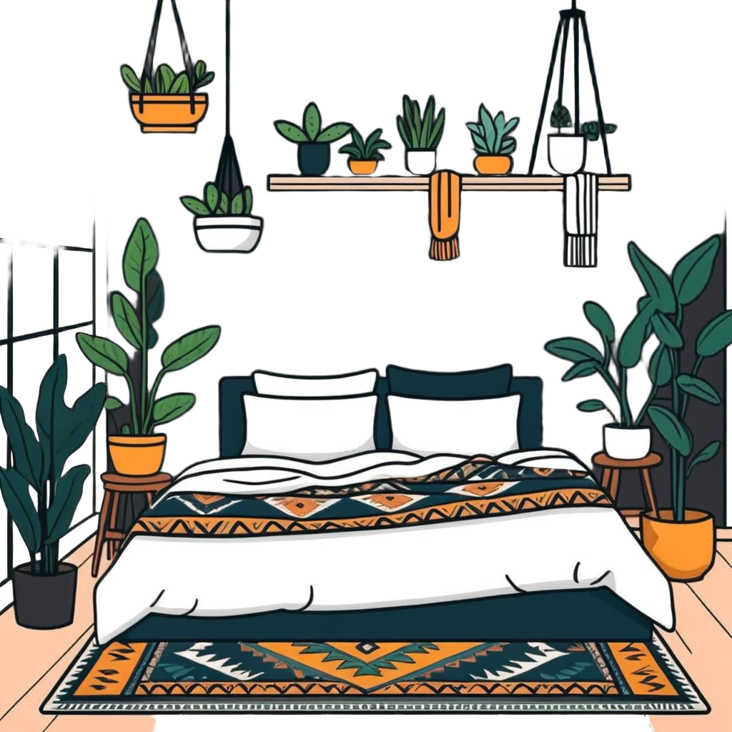 modern bohemian bedroom with hanging plants, layered patterned rugs, and lots of cozy blankets on bed emoji