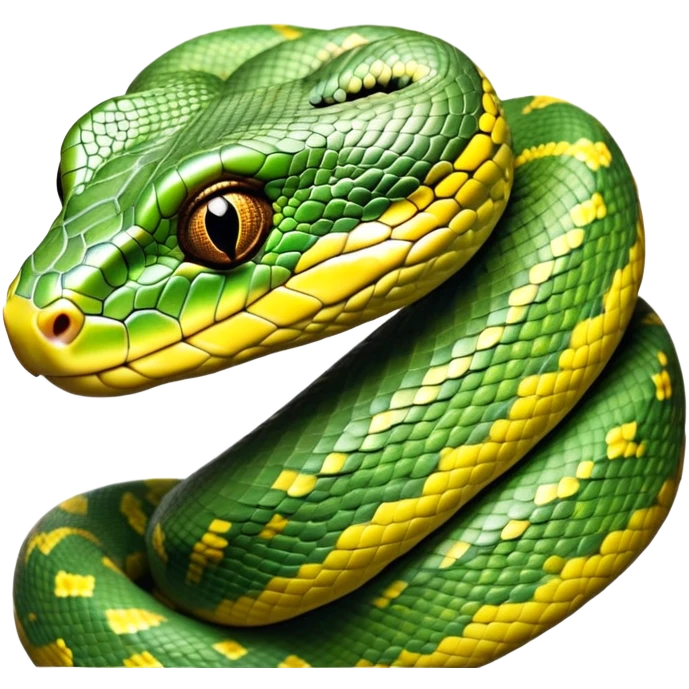 cinematic-green tree python-realistic-full-body-coiled-emoji,-thick-scaled-body-looped-tightly,-intricate-brown-and-gold-patterned-scales-reflecting-light,-head-tilted-dramatically,-slitted-eyes-staring-calmly,-simplified-yet-realistic-focused-feature emoji