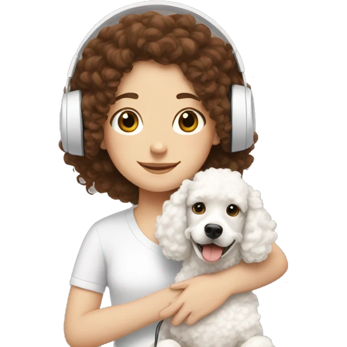 white girl with brown curly hair and headphones hugging a white poodle emoji