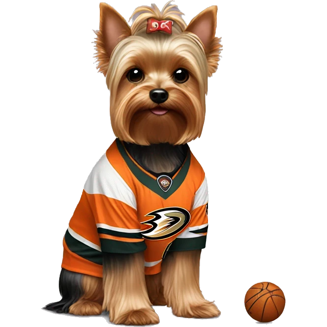 Yorkie wearing an Anaheim ducks jersey emoji