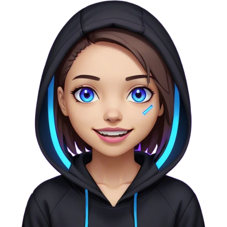 a girl with a brown bob and blue eyes in a black hoodie laughs and holds her head Cyberpunk style. Violet neon. emoji