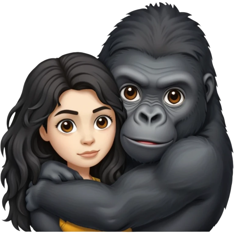 Gorilla with a beautiful girl holding it The girl has a wheatish complexion, her eyebrows are thick, arched, and not tangled. Her hair is long, black, and wavy. emoji