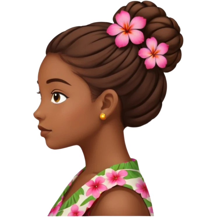 black girl side profile, brown hair in a bun, Hawaiian flower in hair emoji