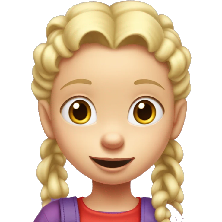 A little blonde girl with pigtails and little purple bows wearing a red long sleeved shirt and purple overalls, rugrats emoji