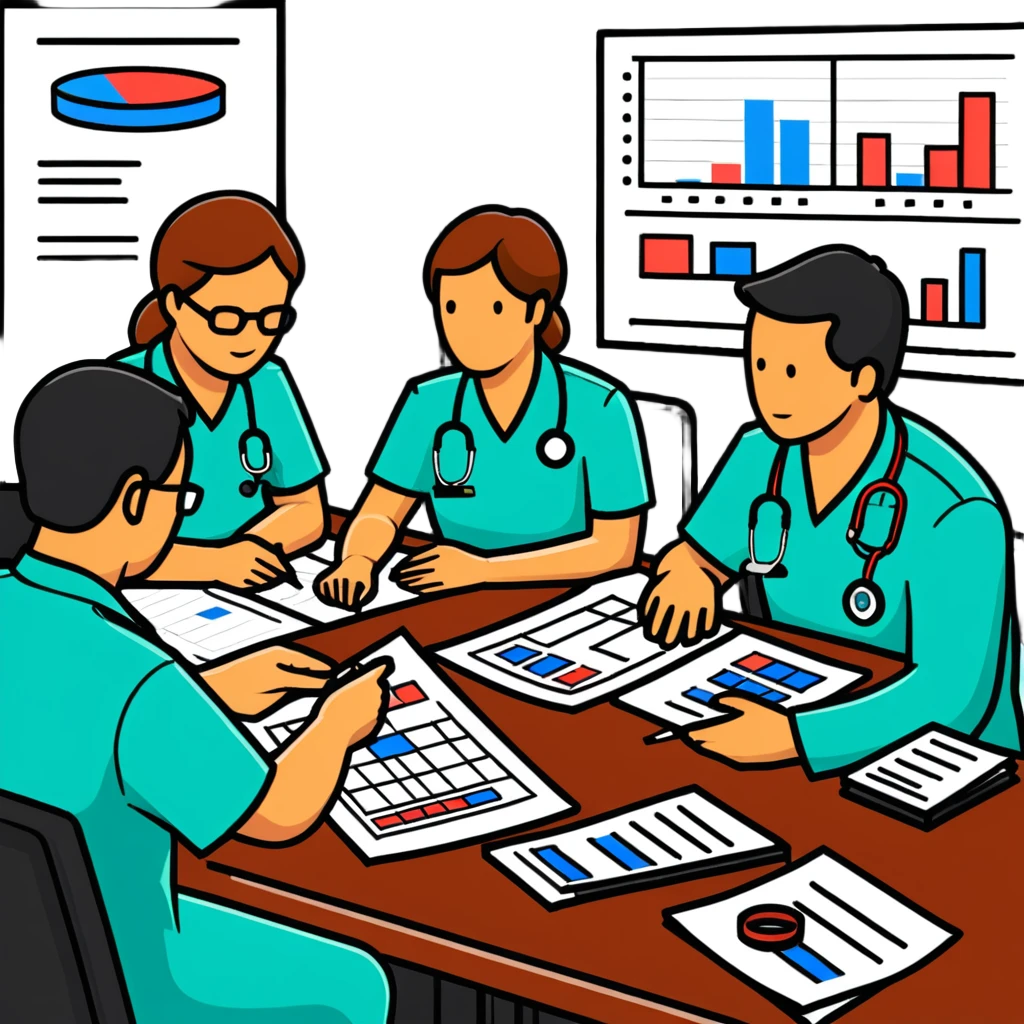 Emergency medical team in a committee meeting with charts and funding documents emoji