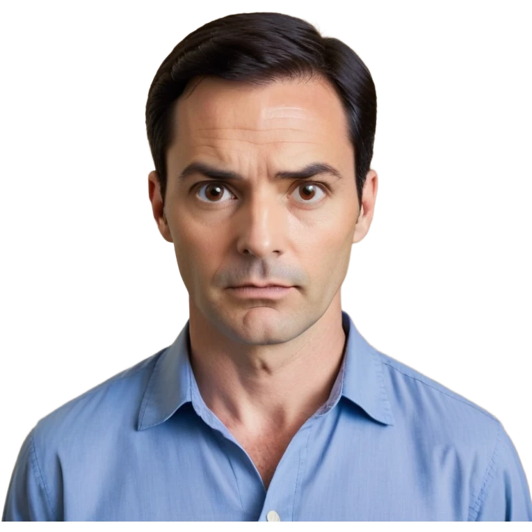 Man in his 40s with wide square face, marked jawline, full cheeks, looking incredulous with raised eyebrows, skeptical expression, medium dark brown eyes widened in disbelief, thick natural eyebrows, wide nose, mouth in a doubting smirk, short neat dark hair, wearing a blue button-up shirt emoji