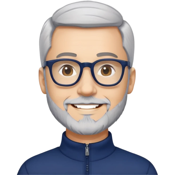 Smiling man with light skin, short black hair, gray beard, black glasses, wearing a navy blue athletic zip-neck long sleeve shirt emoji
