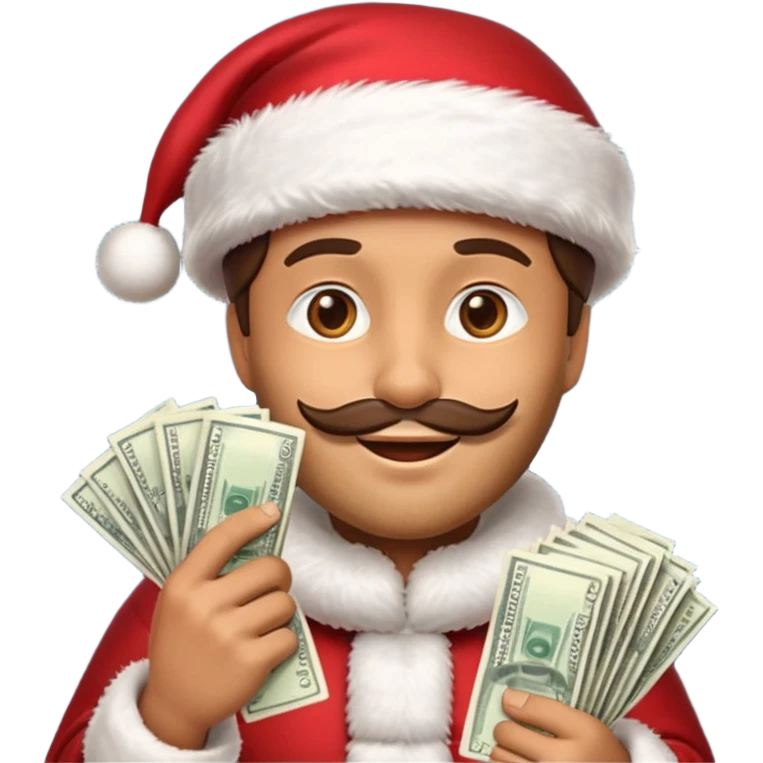 A confident rich emoji face wearing a Santa hat, money stacks, casino vibe, New Year theme, premium 3D emoji style, sharp details, no text, isolated on transparent background emoji