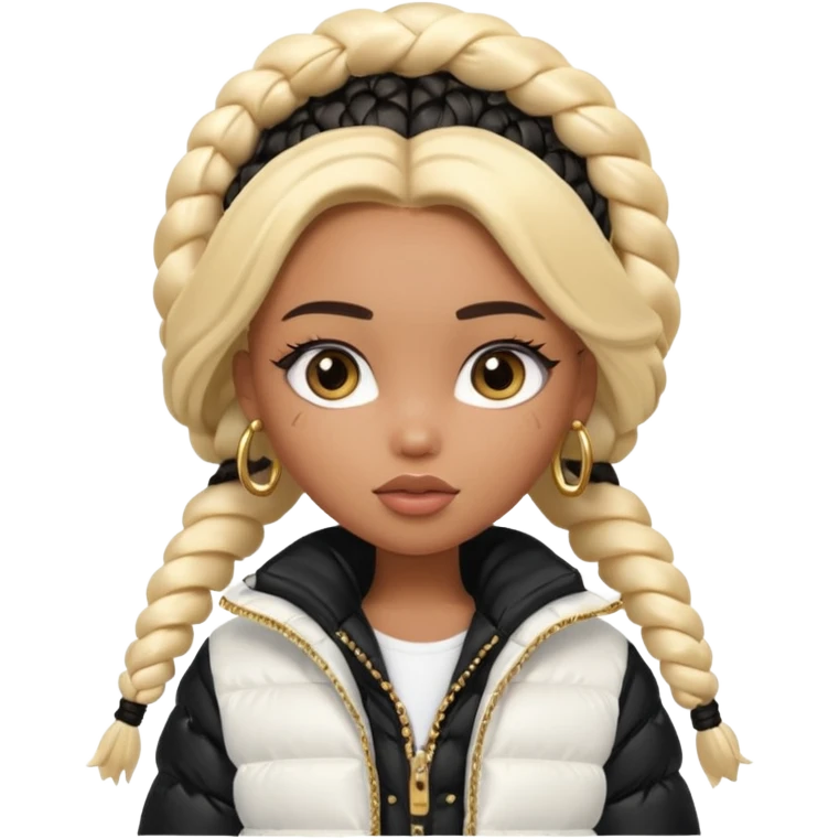 generate a pretty bratz girl with a WHITE puffer jacket, hoops, long braided hair black emoji