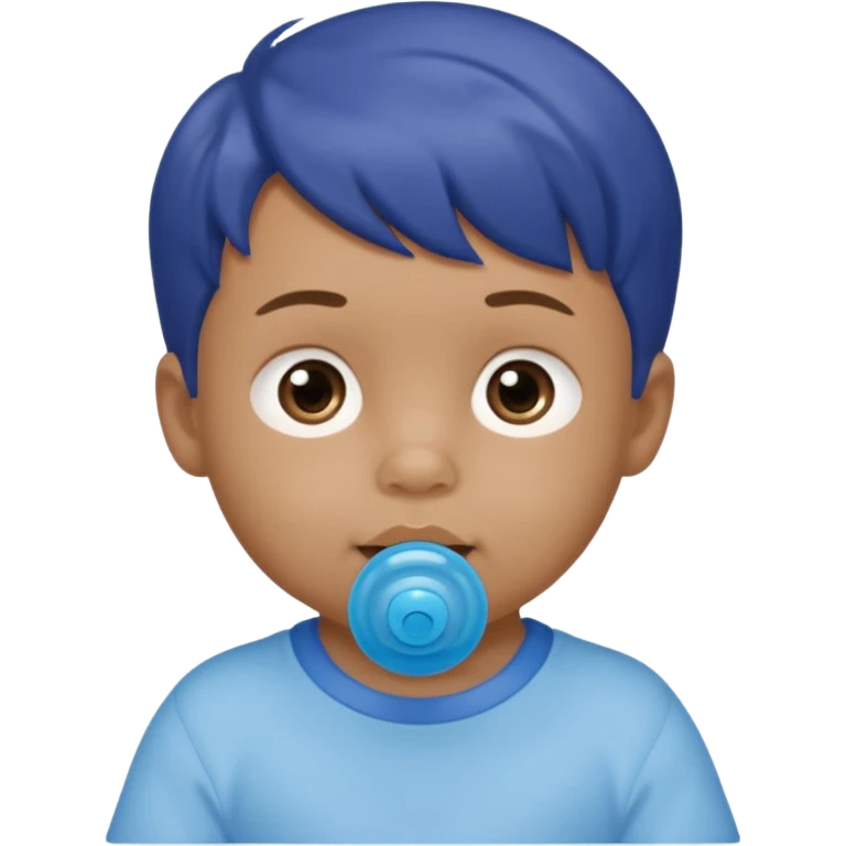 A boy baby with light brown skin, short wavy light-brown hair, wide brown eyes, and a blue pacifier.  emoji