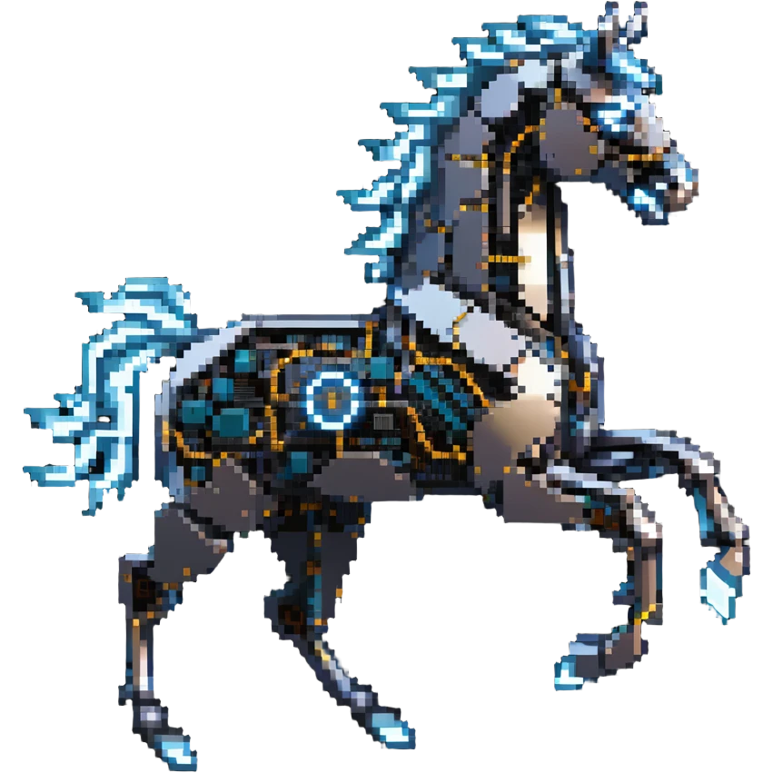 Galloping electric horse made of metal parts with lightning and electricity flowing through its body, dynamic pose emoji